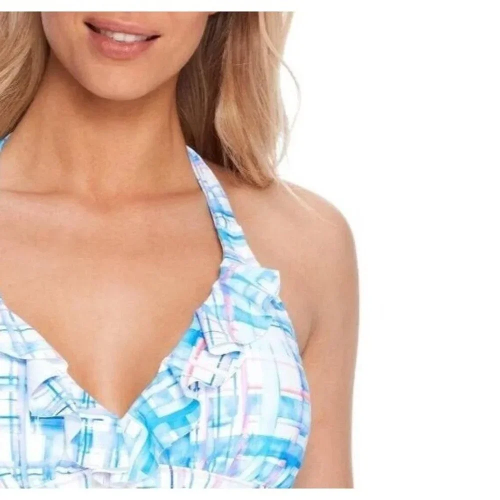 Birdsong Size 32DD Ruffle‎ Halter Underwire Tankini Swim Top Coastal Plaid